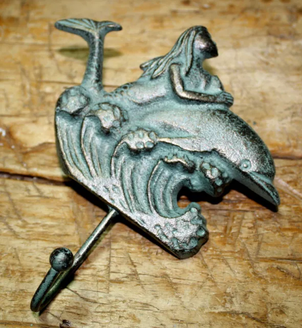 Cast Iron MERMAID on DOLPHIN Towel Hooks Hat Rack Nautical Swimming Pool Hook