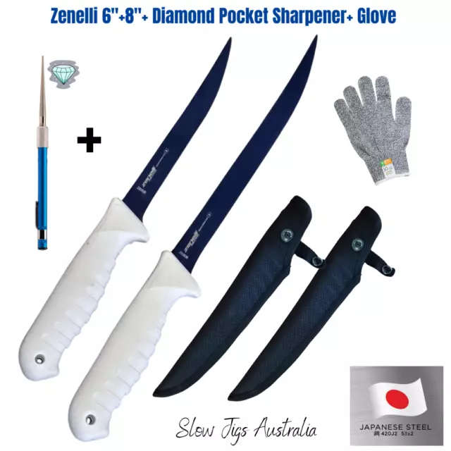 Zenelli Fish Filleting Skinning 2 Knife Set+ Diamond Sharpener+ Glove Fishing