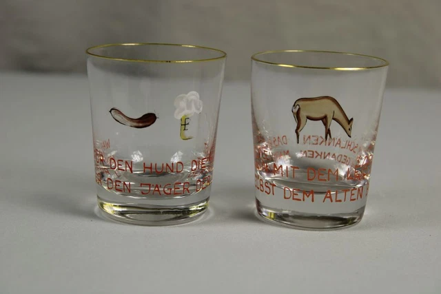B4/2 Antiguo Pequeño Vasos Con Caza Y Dicho - Pintado a Mano - Aprox. 7CM S14