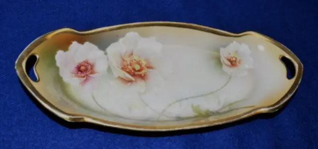 Vintage RS GERMANY Gold Trim Yellow Pink Flowers 9" Oval Pierced Handled Dish