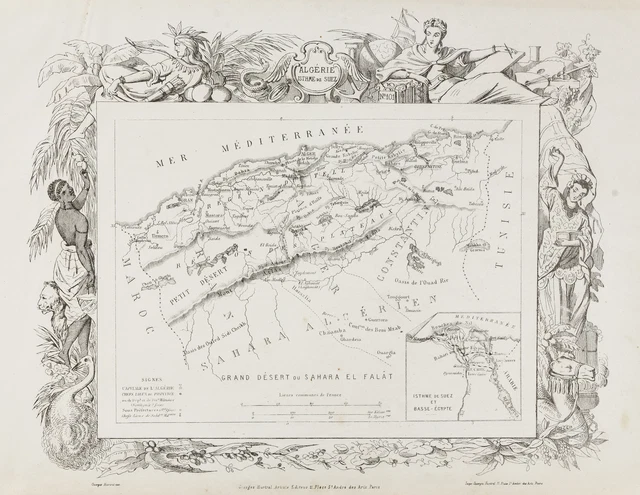 1870ca - Map of Algeria & Isthmus of Suez & French Colonies.