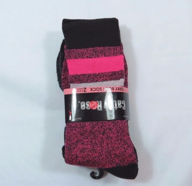 Womens 2 Pack Terry Boot Sock Gray Hot Pink Striped Sock Size 9-11