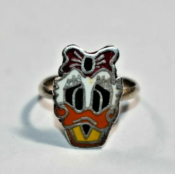 VTG Sterling Silver 925 DAISY DUCK Colorful Enamel BABY INFANT TINY SIZE Ring