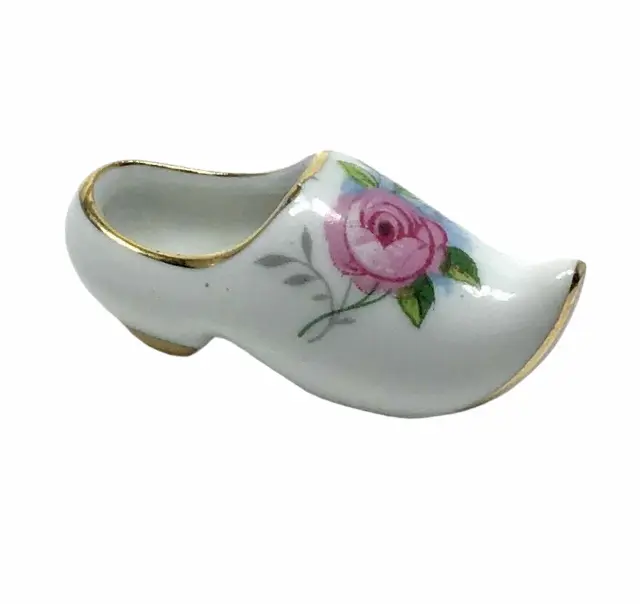 Vintage Limoges France Porcelain Miniature Clog Shoe w/ Rose - Hand Painted EUC