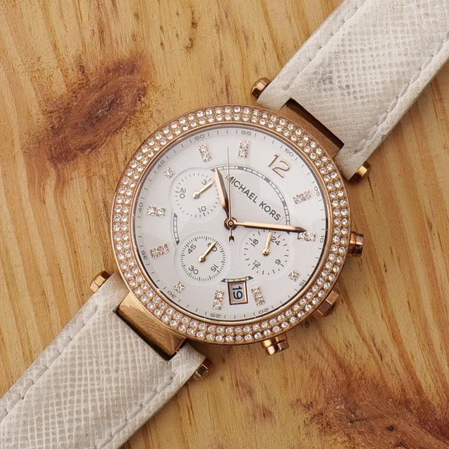 Michael Kors MK2281 Parker Gold Tone White 39mm Watch Chronograph Running