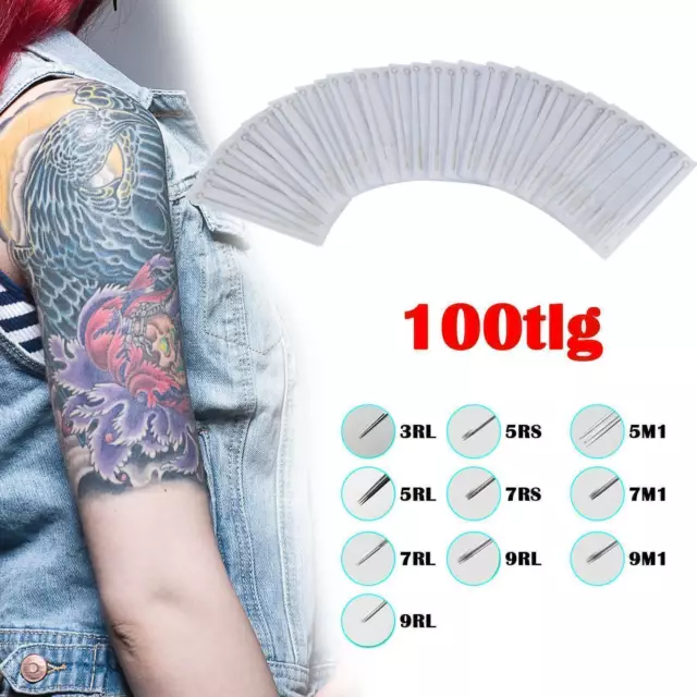 100 tlg Mix Größen Einweg Tattoo Nadeln Edelstahl Set  3RL 5RS 7RL 9M1 G6L0