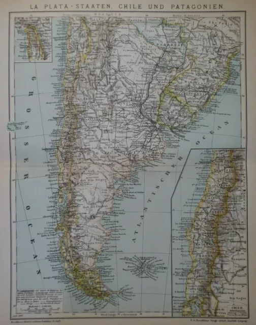 Landkarte Südamerika, La Plata-Staaten, Chile, Patagonien, Brockhaus 1898