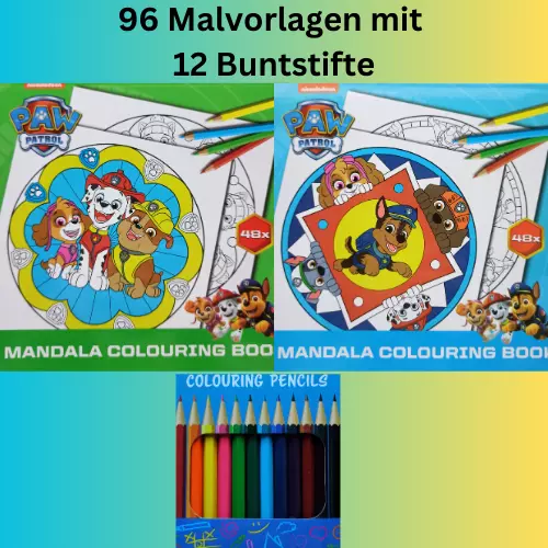 Mandala Malbuch PAW PATROL Set für Kinder 96 Malvorlagen mit 12 Buntstifte