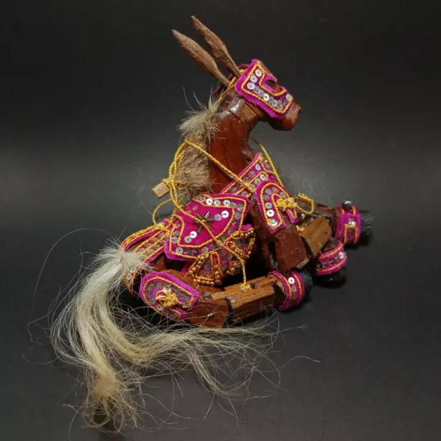 Wood Marionette String Puppet Horse Brown Pink Saddle Asian Craft Toy Burmese