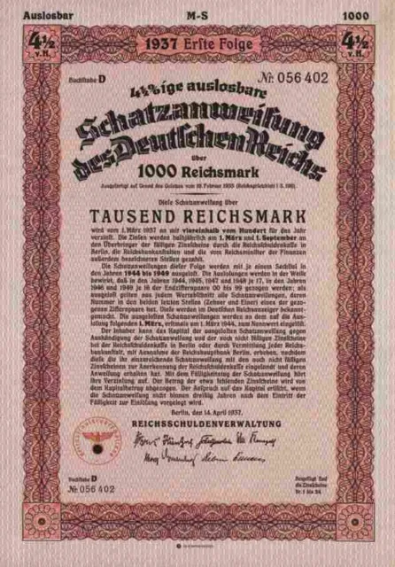 DEUTSCHES Reich 4,5 % Schatzanweisung 1937 Berlin Adler 1000 RM Schultzenstein D