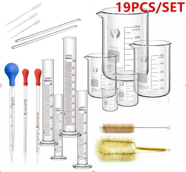 19X Glass Beaker Set+Graduated Measuring Cylinder+Glass Stirring Rod Brush+Straw