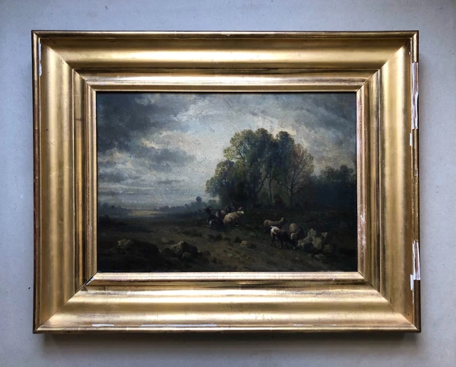 Tableau Ancien Signé Andrés Cortés, Bergère Et Son Troupeau, Peinture, XIXe