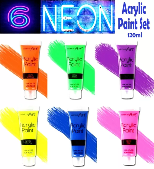 6 x Tubes Of Mixed Neon Acrylic Paint Assorted Colours Artist Paints Craft 120ml