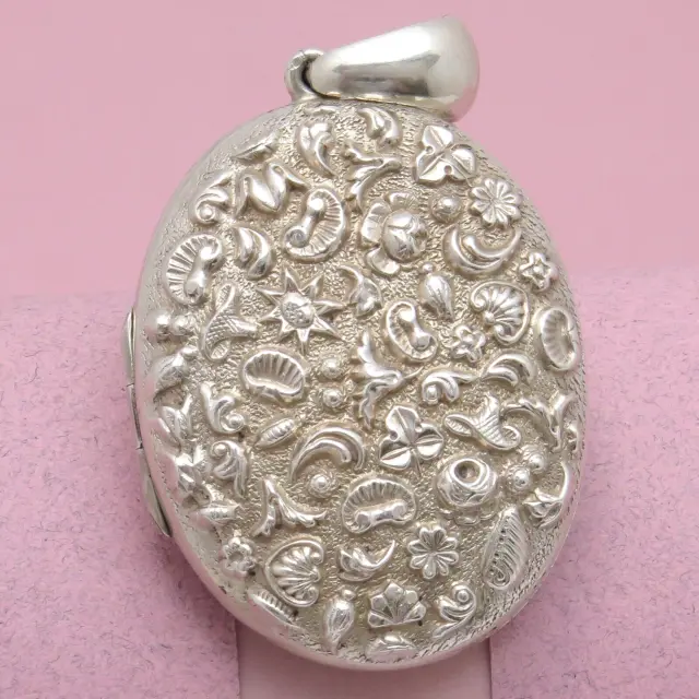 Antique Victorian Seashell Seascape Repousse Sterling Silver LARGE Locket