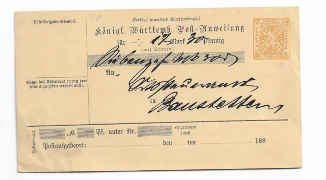 Altdeutschland,  Württemberg, Ganzsache 15 Pfennig, Postanweisung