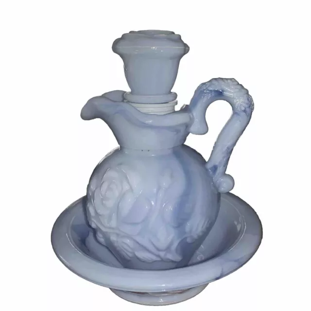 Vintage Avon Small Victorian Pitcher And Bowl Blue Jadeite Milk Glass 1978