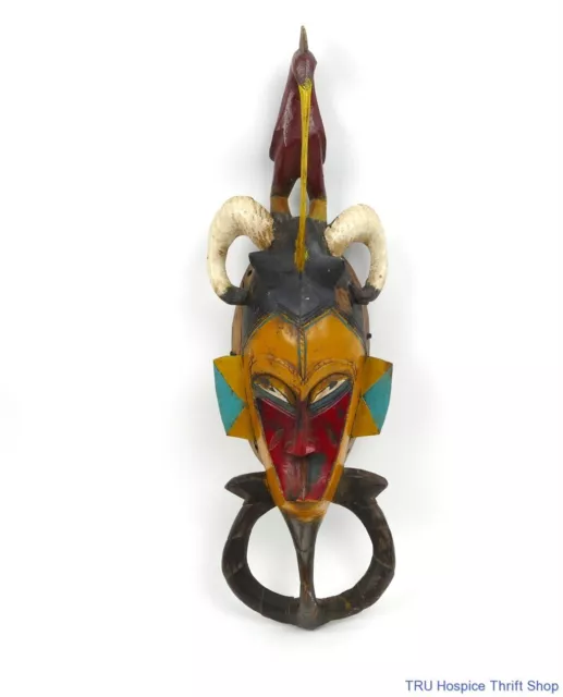 Vintage Wooden Folk Art African Guro Mask with Bird and Horns