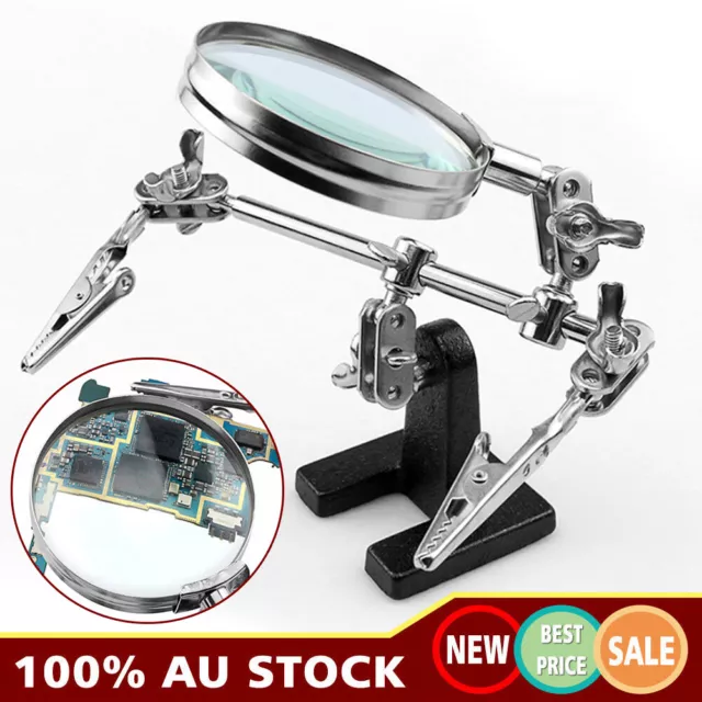 3rd Hand Helping Clamp Soldering Iron Hobby Tool Vise Clamp Magnifying Glass AU