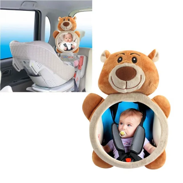 Car Headrest Mount Baby Mirrior Shatterproof Smiling Brown Bear Easy View 3