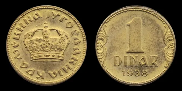 1938 Yugoslavia 1 Dinar Coin, King Petar II, Large Crown
