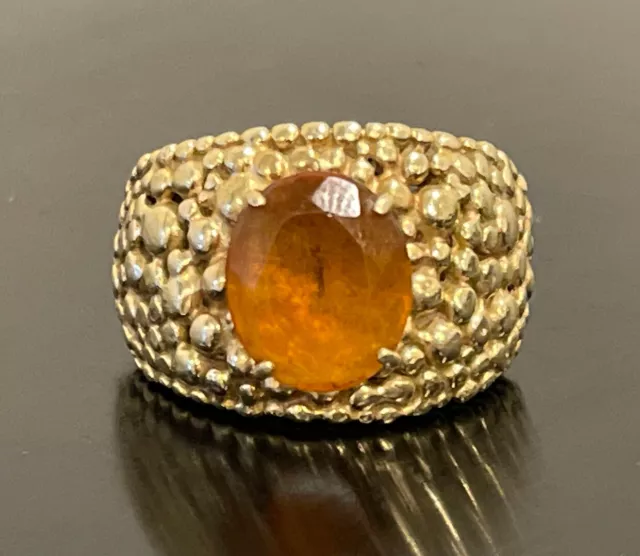 14K Yellow Gold Citrine Pebble Skin Textured Chunky Ring Italy Size 7.25