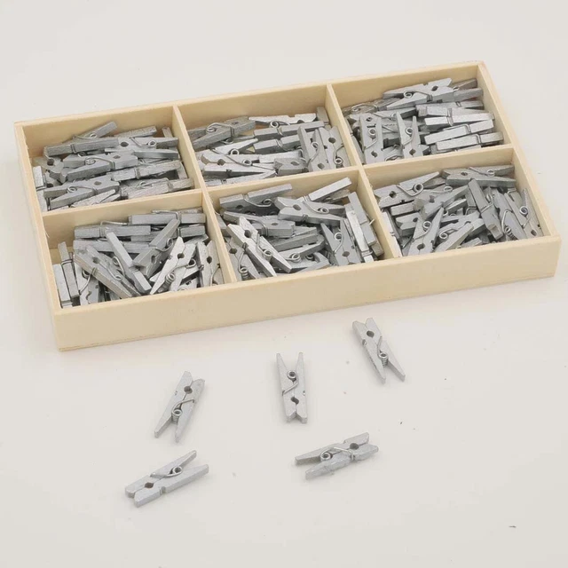 Pinzas de madera para ropa, abrazadera para ropa plata en caja de madera, 144 piezas, longitud: aprox. 2,5 cm