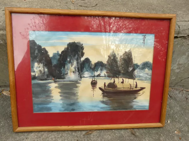 Tableau Ancien Signe Peinture Sur Soie Aquarelle Art Asie Chine Paysage Peche