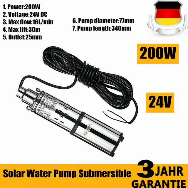 200W DC 24V Solare Pompa Sommersa Elettropompa Acciaio Inox MAX. 30m 1.2m³/h DHL