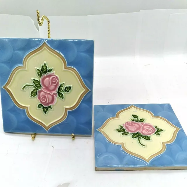 H&R Johnson England Rose Floral Tile Art Nouveau Majolica Square Lot of 2 6"