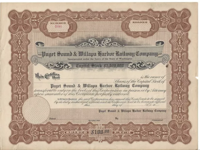 Luteur Son & Willapa Harbor Railway Company non Émis Commune Stock Certificat