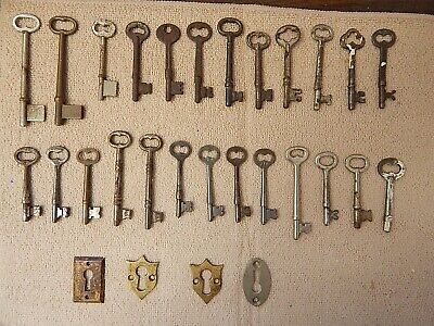 Lot of 25 Small Antique Skeleton Keys w/Closed Barresl & 4 Lock Face Plates