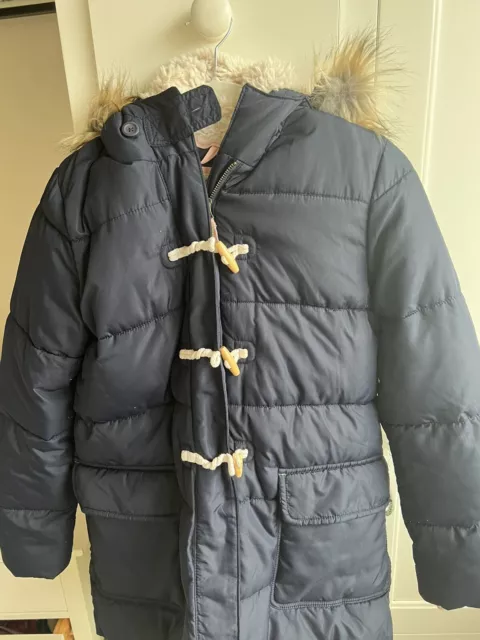 Boden Girls' Navy School Winter Duffle Coat Fur Lined Fur Hood Age 13-14