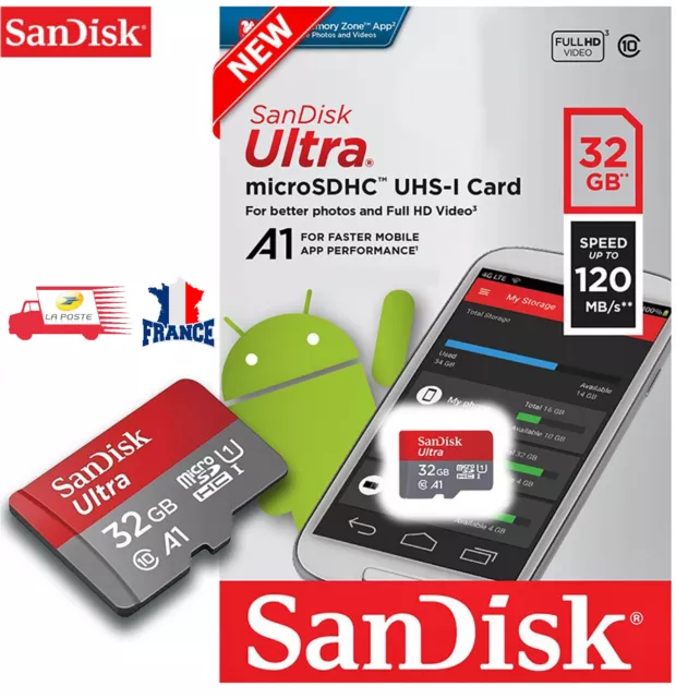 Carte Mémoire 32 Go SanDisk microSDHC Ultra Classe 10 A1 jusqu'à 120 Mb/s