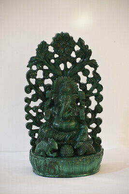 8 Inches Lord Ganesha Stone Statue Figurine Hand Carved Malachite For Gift Idol