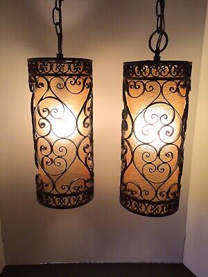 Vtg Pair Wrought Iron Spanish Revival Gothic Wrought Iron Scroll Hanging Lights