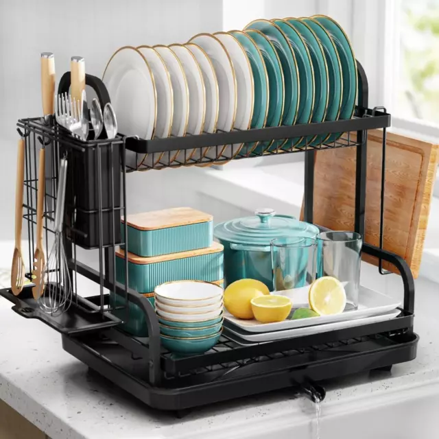 2-Tier Dish Drying Rack With Utensil Holder For Kitchen Counter Rustproof