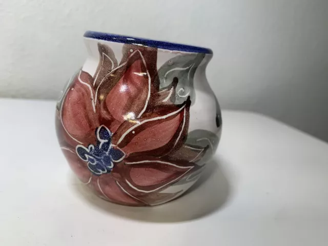 Studio Art Pottery Small Majolica Floral Round Terracotta Clay Vase 2.75” Signed