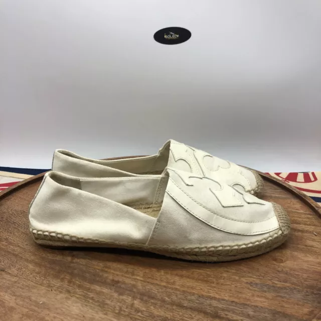 Tory Burch Lonnie Logo Woven Espadrille Flats Shoes Off White Canvas Size 9 M