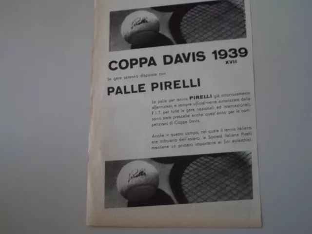 advertising Pubblicità 1939 PALLE DA TENNIS PIRELLI - COPPA DAVIS