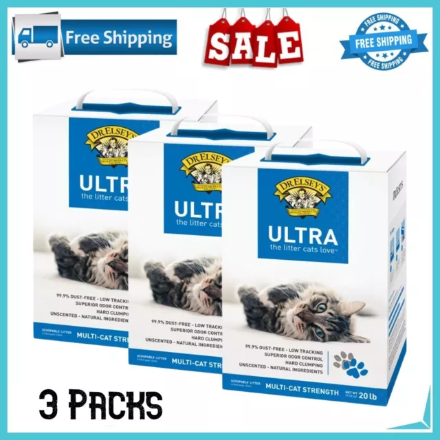 3 Packs Dr. Elsey's Precious Cat Ultra Unscented Clumping Clay Cat Litter, 20 lb