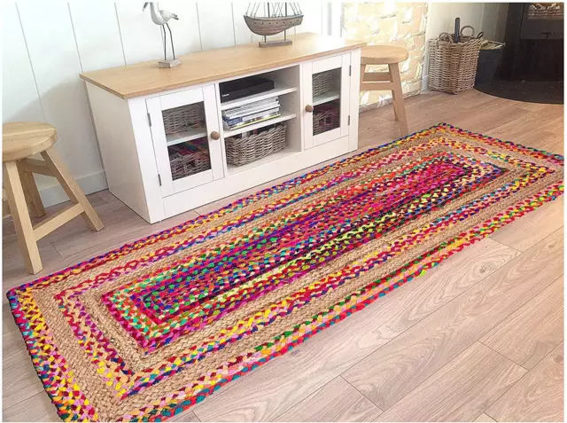 Rug Jute & Cotton Natural Handmade Rectangle Runner Carpet Braided Area Rugs