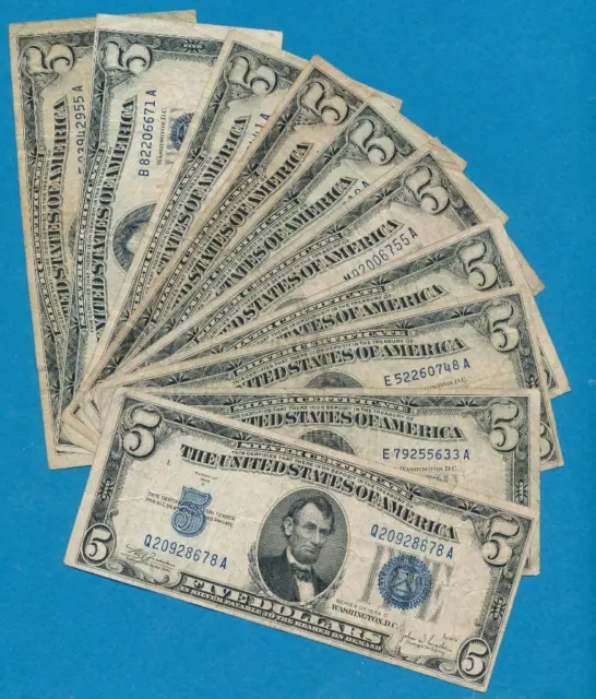 10-$5.00 1934/ 1953 Mixed  Blue Seal Silver Certificates  Average Circ. Lot