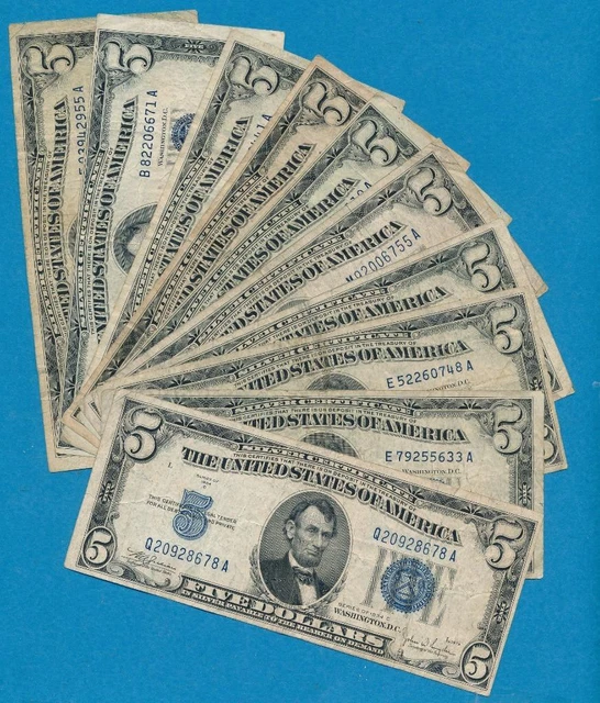 10-$5.00 1934/ 1953 Mixed  Blue Seal Silver Certificates  Average Circ. Lot