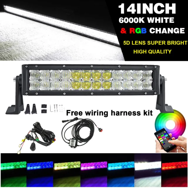 14 inch 5D RGBW Offroad LED Light Bar MultiColor Change Strobe App & Harness Kit