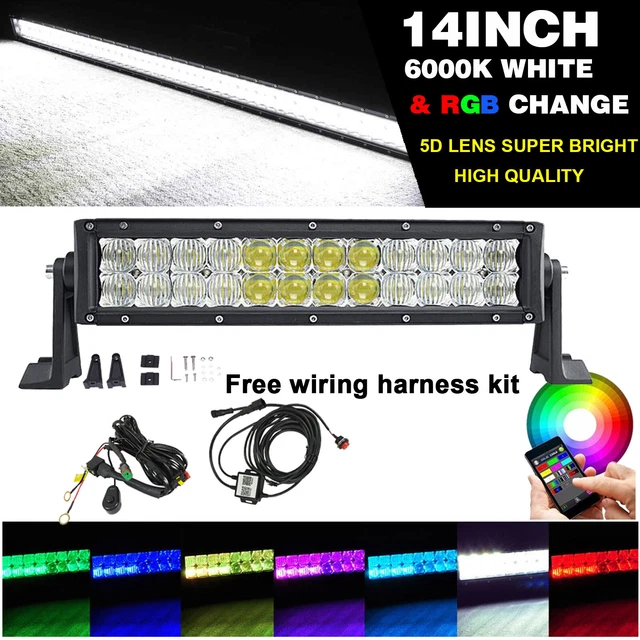 14 inch 5D RGBW Offroad LED Light Bar MultiColor Change Strobe App & Harness Kit