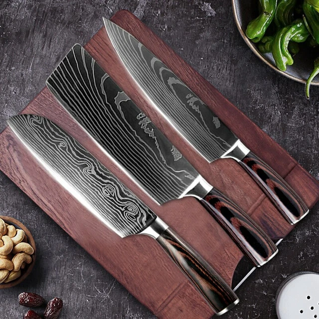 3 Stück Küchenmesser Set Edelstahl Damaskus Stil Scharfes Santoku Kochmesser