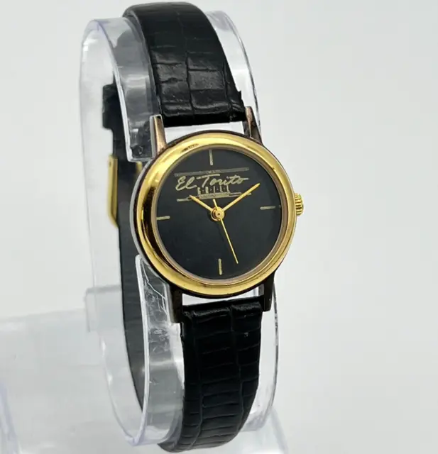 Vintage 1990s Women's EL TORITO GRILL Logo Watch, Gold Tone, Black Leather, 24mm