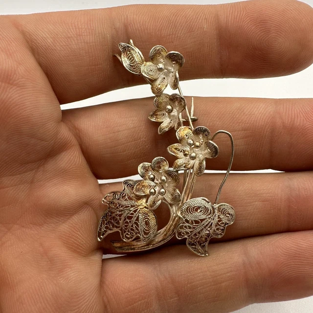 Broche Ancienne En Argent Massif 925 – Motif Filigrane Fleur