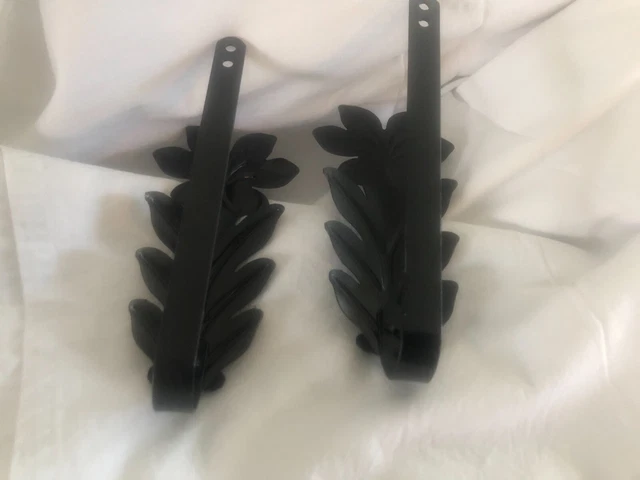 Vintage  Drapery Curtain Pull Back Ties  Embossed Metal Black Gloss Leaf Floral 6