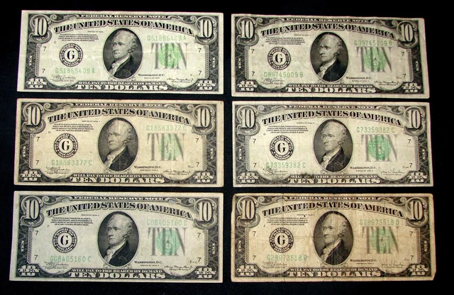 1934 $10 Federal Reserve Currency Lot Of 6 Green Seal Notes